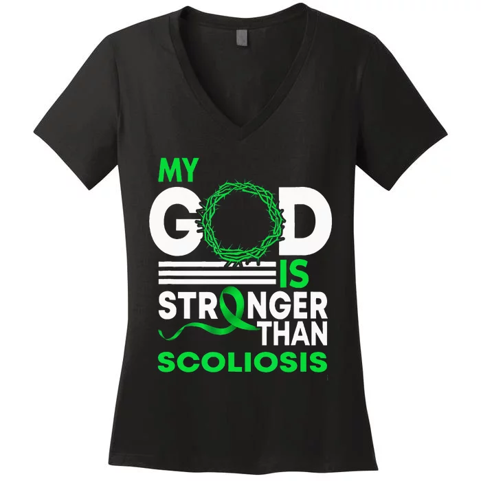 My God Is Stronger Than Scoliosis Awareness Ribbon Women's V-Neck T-Shirt