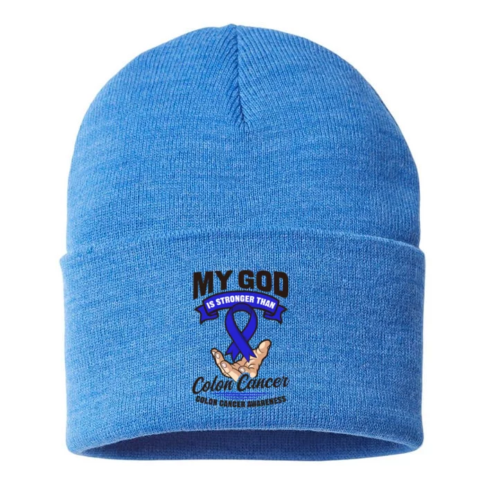 My God Is Stronger Than Design Colon Cancer Awareness Great Gift Sustainable Knit Beanie