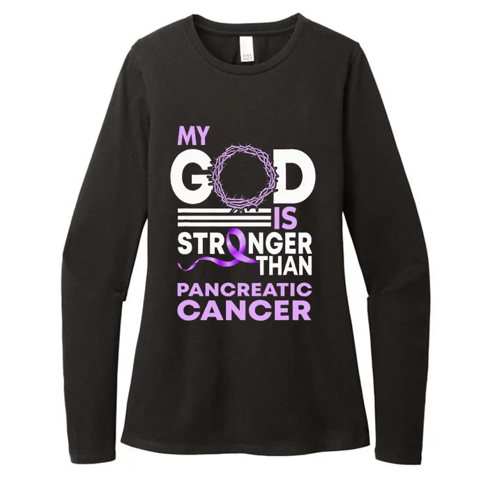 My God Is Stronger Than Pancreatic Cancer Awareness Ribbon Womens CVC Long Sleeve Shirt