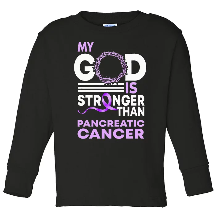 My God Is Stronger Than Pancreatic Cancer Awareness Ribbon Toddler Long Sleeve Shirt