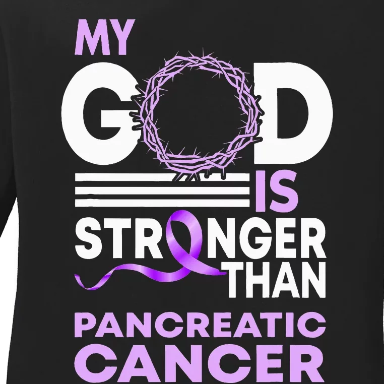 My God Is Stronger Than Pancreatic Cancer Awareness Ribbon Ladies Long Sleeve Shirt