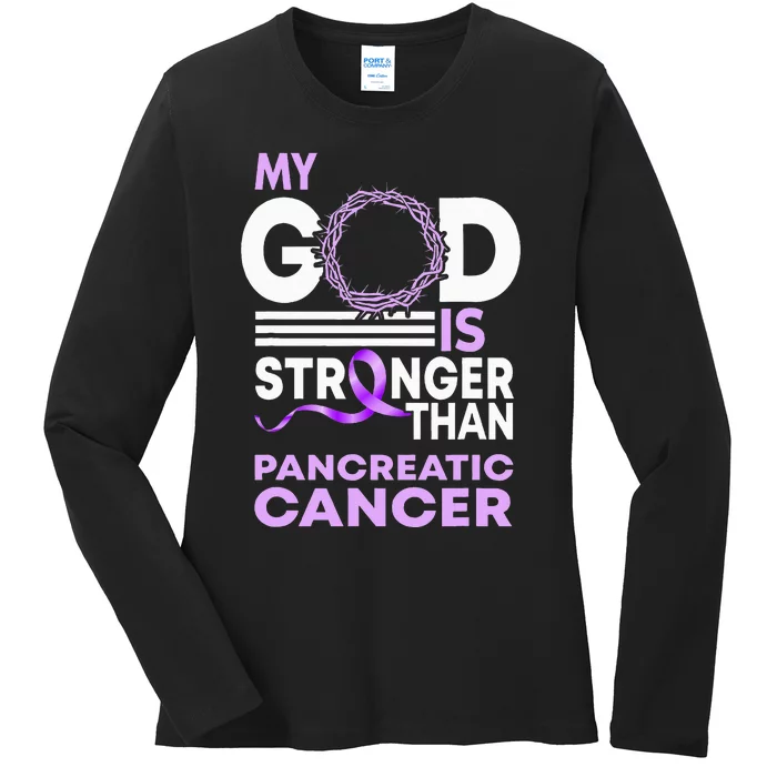 My God Is Stronger Than Pancreatic Cancer Awareness Ribbon Ladies Long Sleeve Shirt