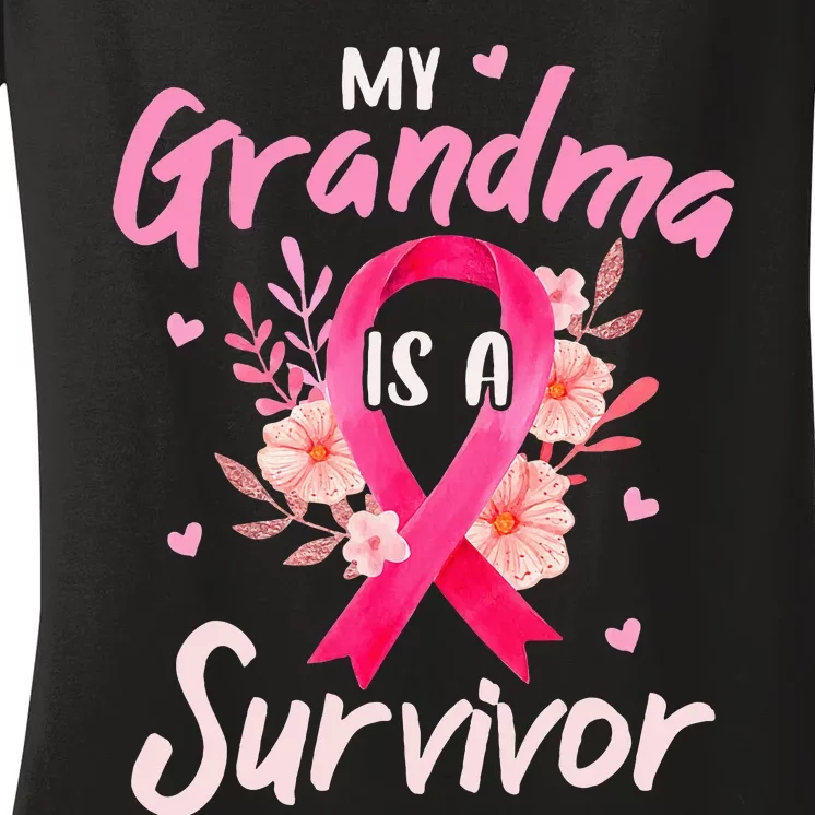 My Grandma Is A Survivor Flower Breast Cancer Awareness Women's V-Neck T-Shirt