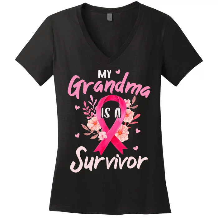 My Grandma Is A Survivor Flower Breast Cancer Awareness Women's V-Neck T-Shirt