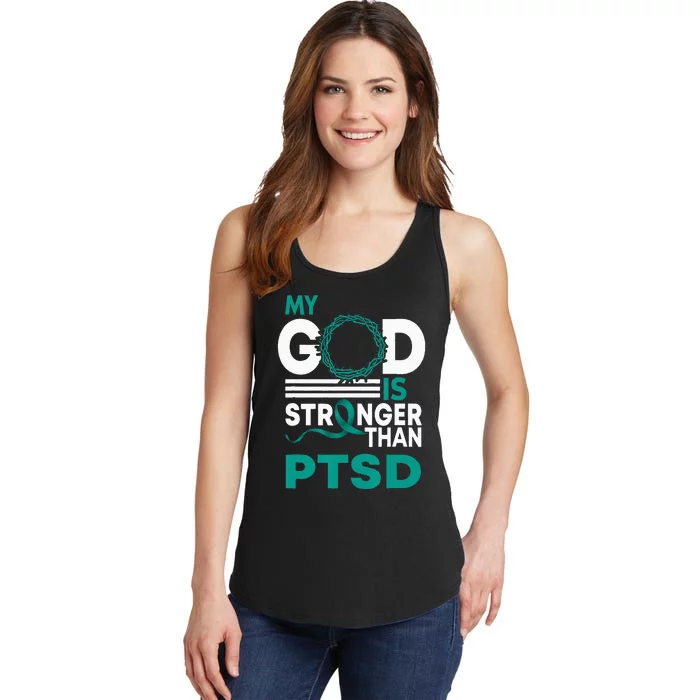 My God Is Stronger Than Ptsd Awareness Ribbon Ladies Essential Tank