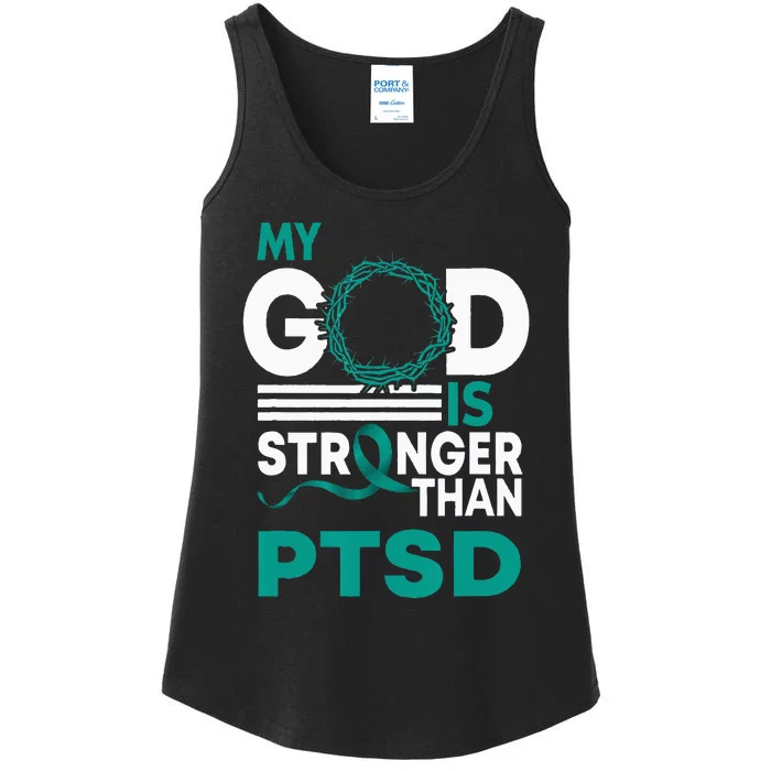 My God Is Stronger Than Ptsd Awareness Ribbon Ladies Essential Tank