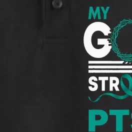 My God Is Stronger Than Ptsd Awareness Ribbon Dry Zone Grid Performance Polo