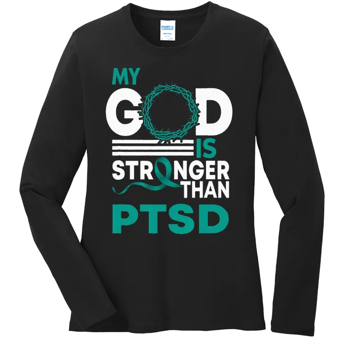 My God Is Stronger Than Ptsd Awareness Ribbon Ladies Long Sleeve Shirt