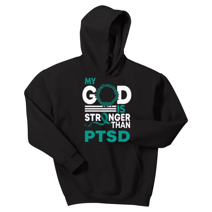 My God Is Stronger Than Ptsd Awareness Ribbon Kids Hoodie