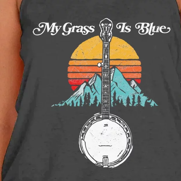 My Grass Is Blue Retro Rocky Mountain Banjo Bluegrass Women's Knotted Racerback Tank