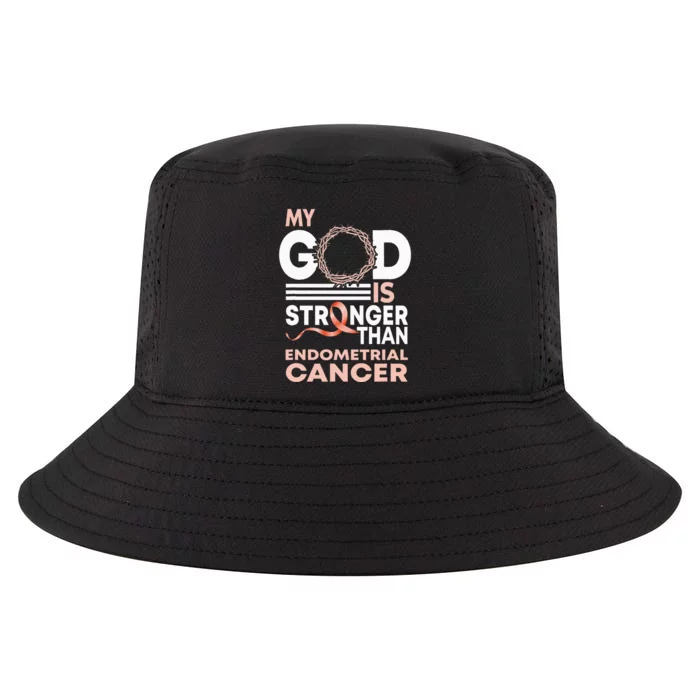 My God Is Stronger Than Endometrial Cancer Awareness Ribbon Cool Comfort Performance Bucket Hat