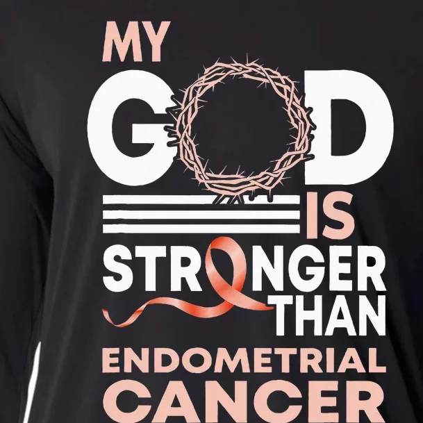 My God Is Stronger Than Endometrial Cancer Awareness Ribbon Cooling Performance Long Sleeve Crew