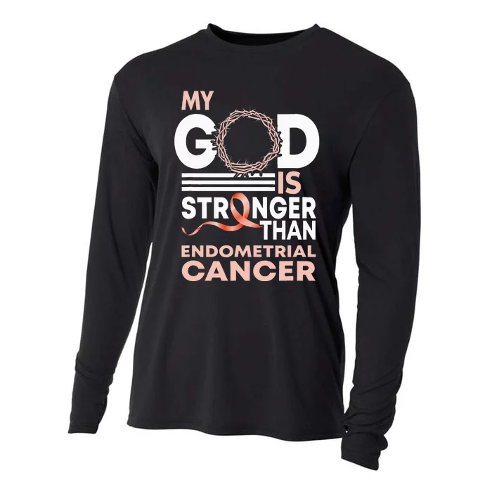 My God Is Stronger Than Endometrial Cancer Awareness Ribbon Cooling Performance Long Sleeve Crew