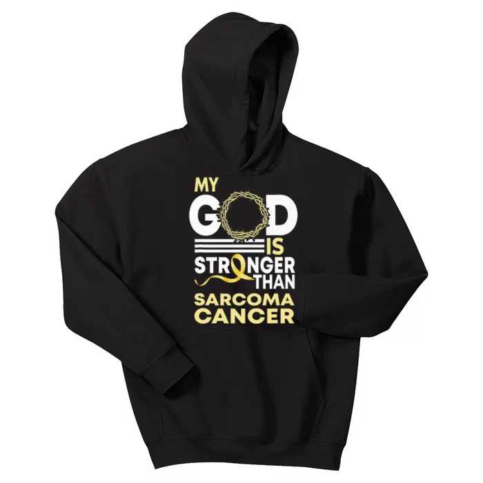 My God Is Stronger Than Sarcoma Cancer Awareness Ribbon Kids Hoodie