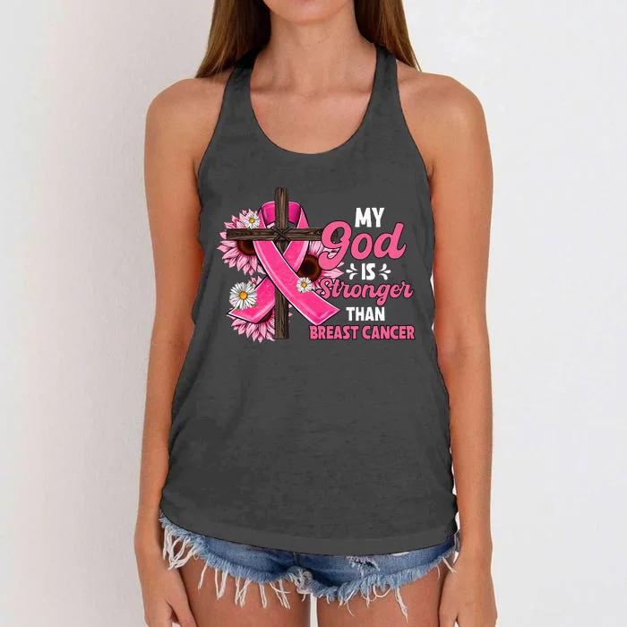 My God Is Stronger Than Breast Cancer Christian Sunflower Women's Knotted Racerback Tank