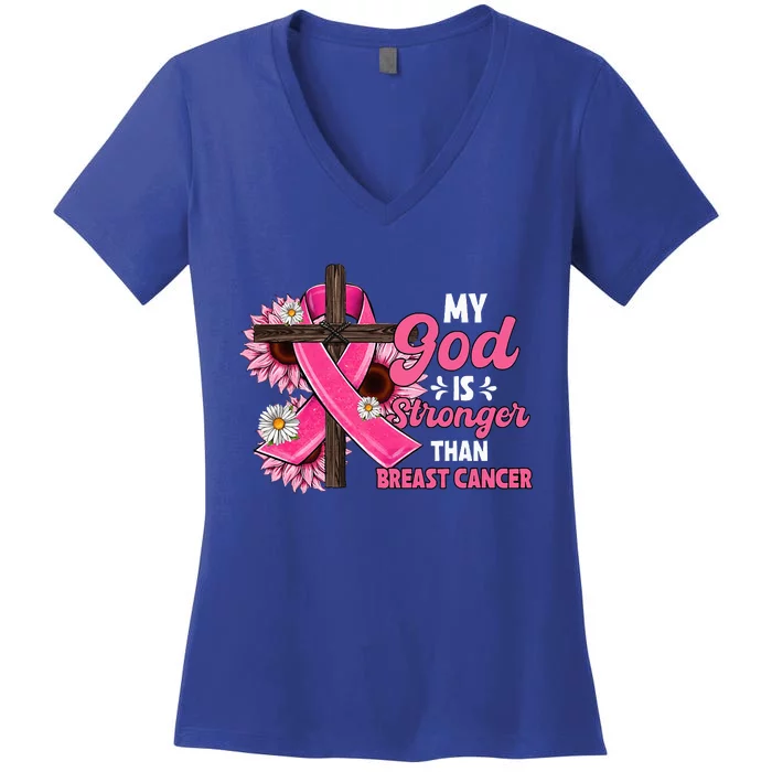 My God Is Stronger Than Breast Cancer Christian Sunflower Women's V-Neck T-Shirt