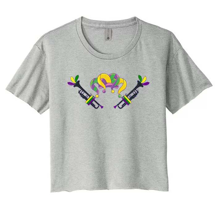 Musician Gift Jester Hat Masquerade Trumpet Mardi Gras Gift Women's Crop Top Tee