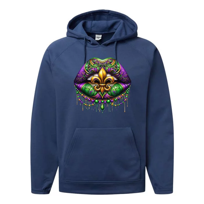 Mardi Gras Lips Queen Carnival Fleur De Lis Louisiana Performance Fleece Hoodie