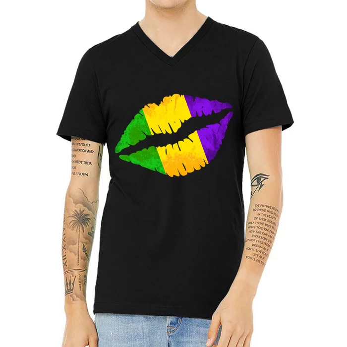 Mardi Gras Lips Design V-Neck T-Shirt