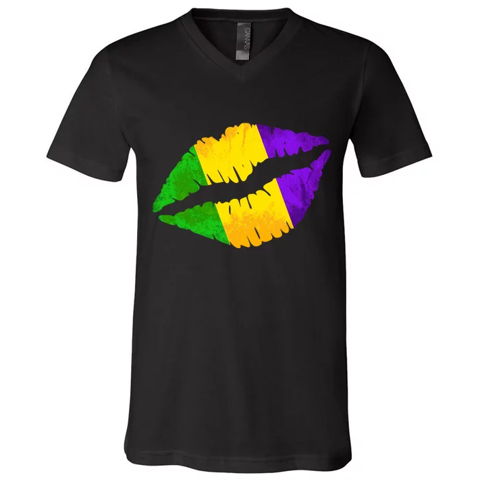 Mardi Gras Lips Design V-Neck T-Shirt