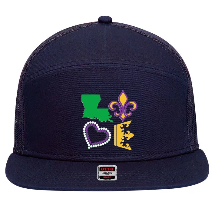 Mardi Gras Love Party Beads Louisiana New Orleans S 7 Panel Mesh Trucker Snapback Hat