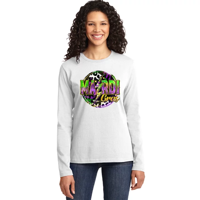 Mardi Gras Leopard Lightning Bolt Fat Tuesday New Orleans Ladies Long Sleeve Shirt