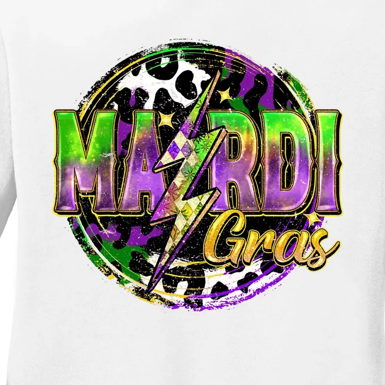 Mardi Gras Leopard Lightning Bolt Fat Tuesday New Orleans Ladies Long Sleeve Shirt