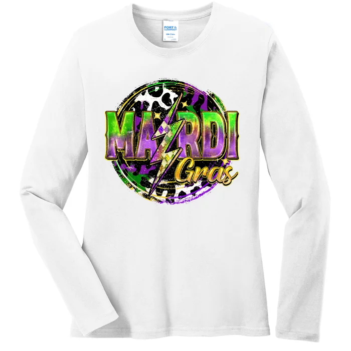 Mardi Gras Leopard Lightning Bolt Fat Tuesday New Orleans Ladies Long Sleeve Shirt