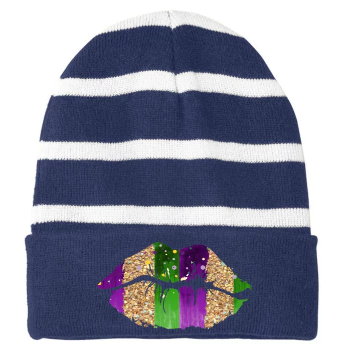 Mardi Gras Lips Celebration Striped Beanie with Solid Band