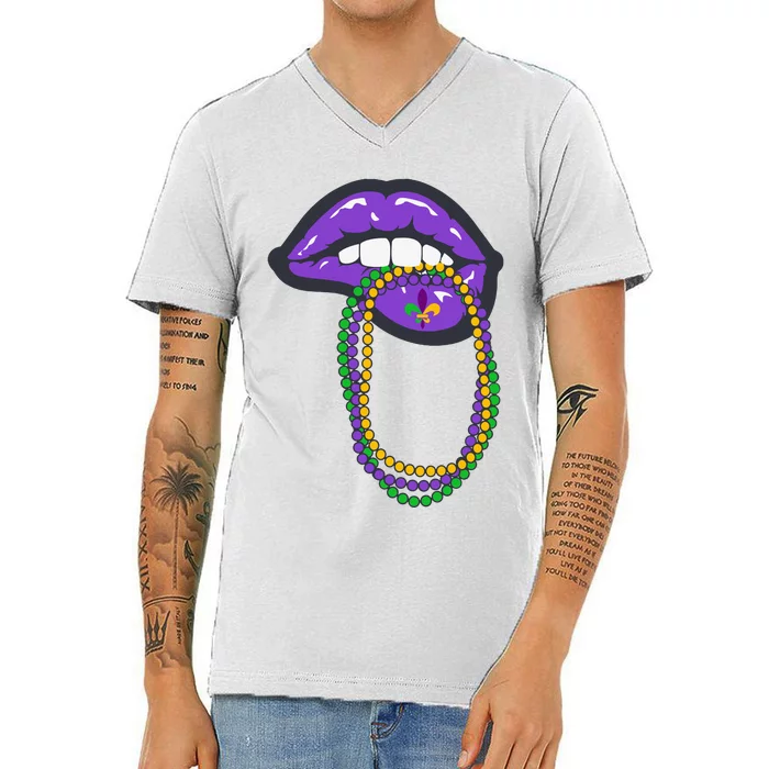 Mardi Gras Lips Queen Carnival V-Neck T-Shirt