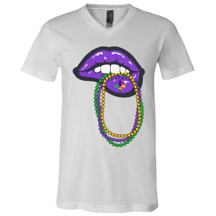 Mardi Gras Lips Queen Carnival V-Neck T-Shirt