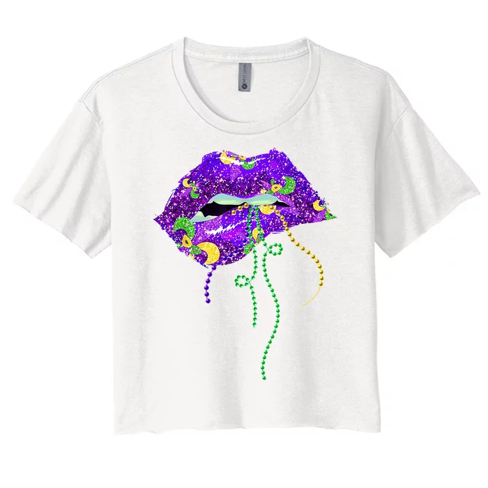 Mardi Gras Lip Beads Festive Women's Crop Top Tee