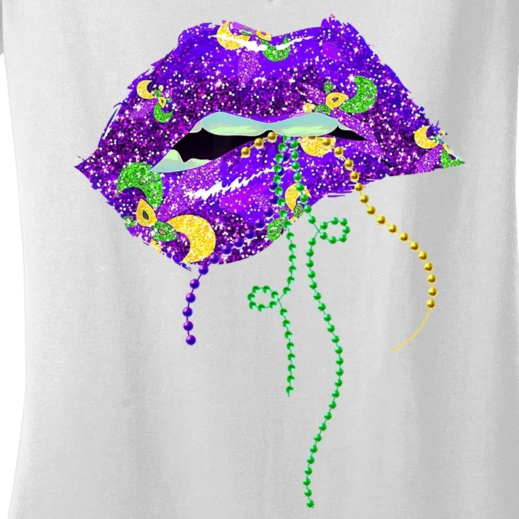 Mardi Gras Lip Beads Festive Women's V-Neck T-Shirt