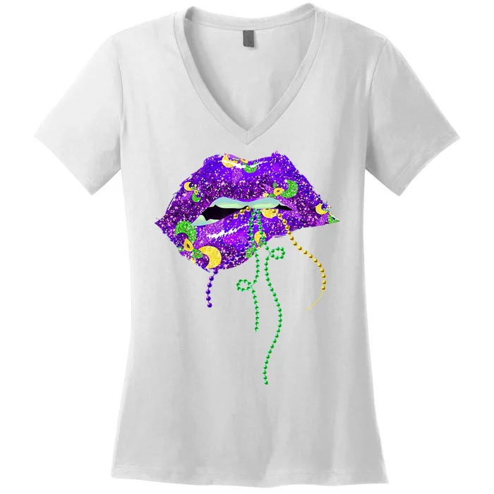 Mardi Gras Lip Beads Festive Women's V-Neck T-Shirt