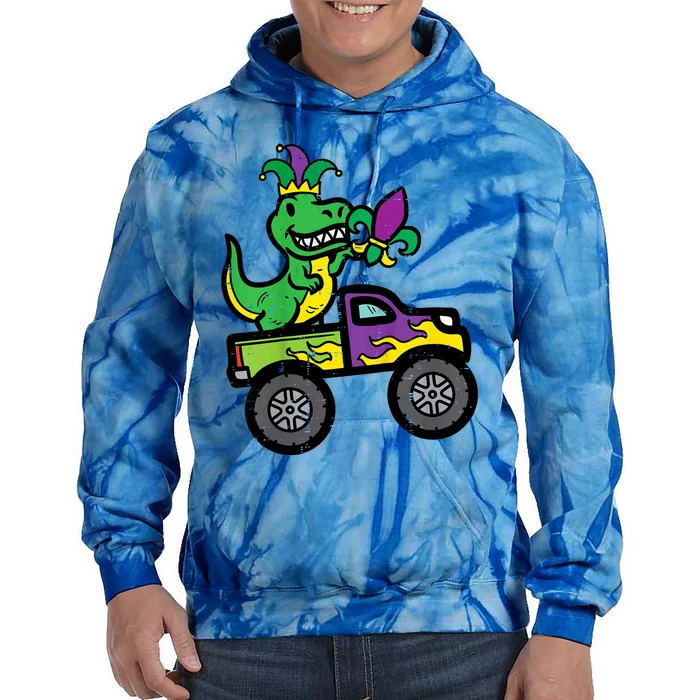 Mardi Gras Monster Truck Dinosaur Trex Tie Dye Hoodie