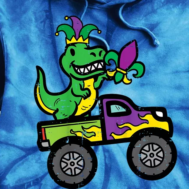 Mardi Gras Monster Truck Dinosaur Trex Tie Dye Hoodie