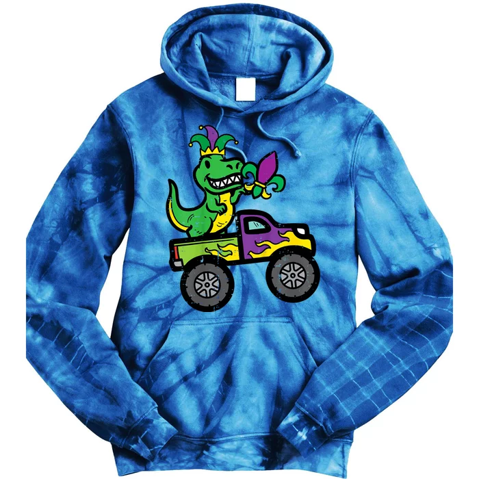 Mardi Gras Monster Truck Dinosaur Trex Tie Dye Hoodie