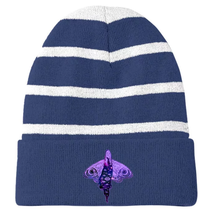 Mystical Gothic Moth Girl Striped Beanie with Solid Band