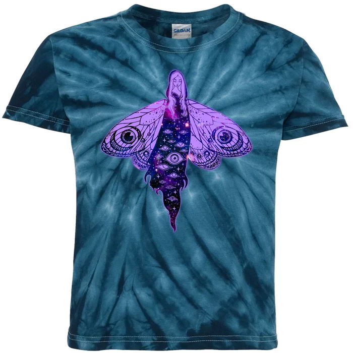 Mystical Gothic Moth Girl Kids Tie-Dye T-Shirt