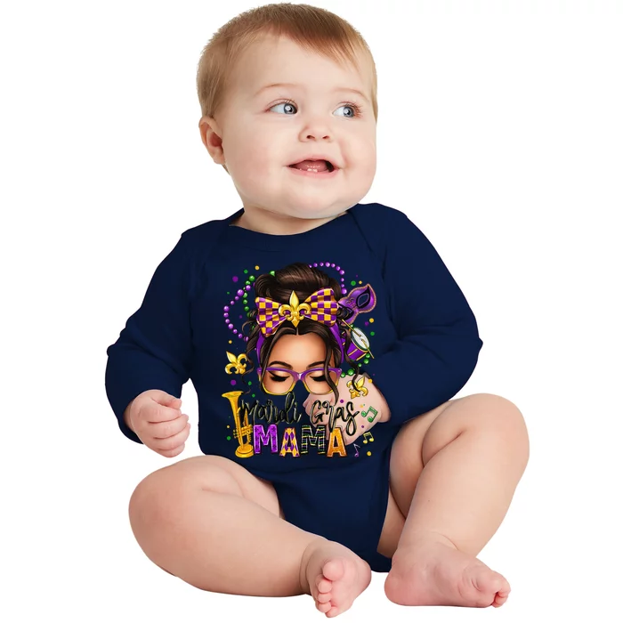 Mardi Gras Mama Messy Bun Mardi Gras Queen Carnaval Baby Long Sleeve Bodysuit