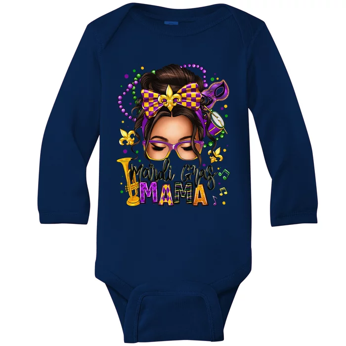 Mardi Gras Mama Messy Bun Mardi Gras Queen Carnaval Baby Long Sleeve Bodysuit