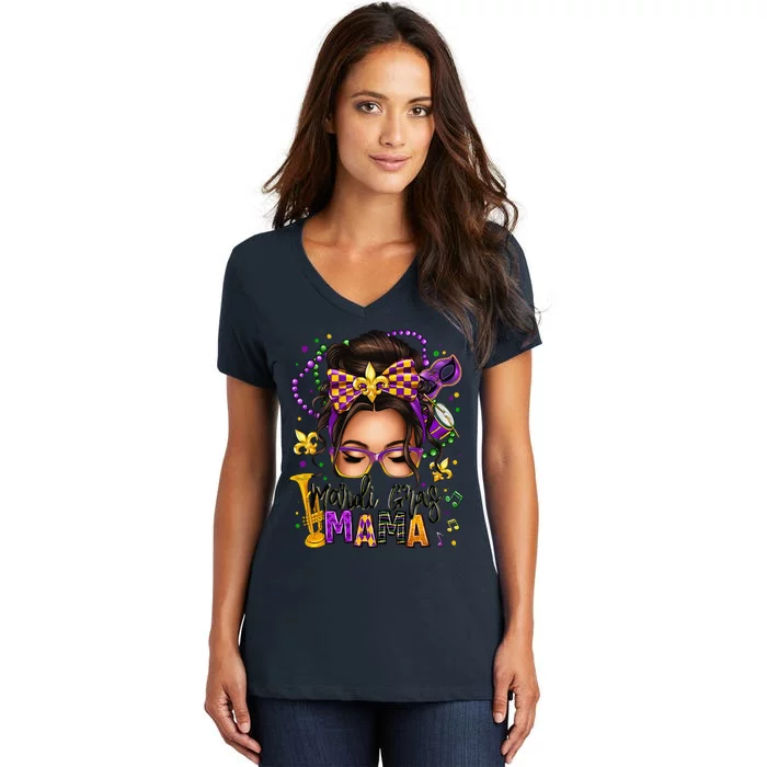 Mardi Gras Mama Messy Bun Mardi Gras Queen Carnaval Women's V-Neck T-Shirt