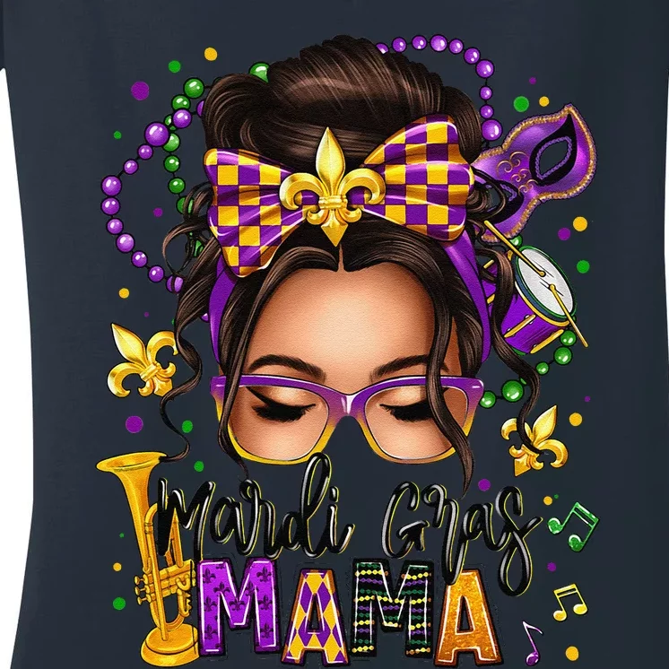 Mardi Gras Mama Messy Bun Mardi Gras Queen Carnaval Women's V-Neck T-Shirt