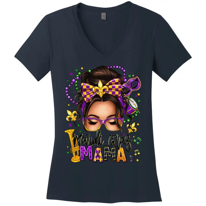 Mardi Gras Mama Messy Bun Mardi Gras Queen Carnaval Women's V-Neck T-Shirt