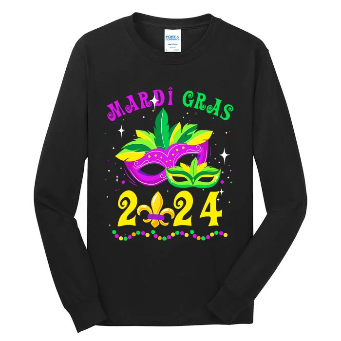 Mardi Gras Mardi Gras Beads Mask Joker Hat Carnival 2024 Tall Long Sleeve T-Shirt