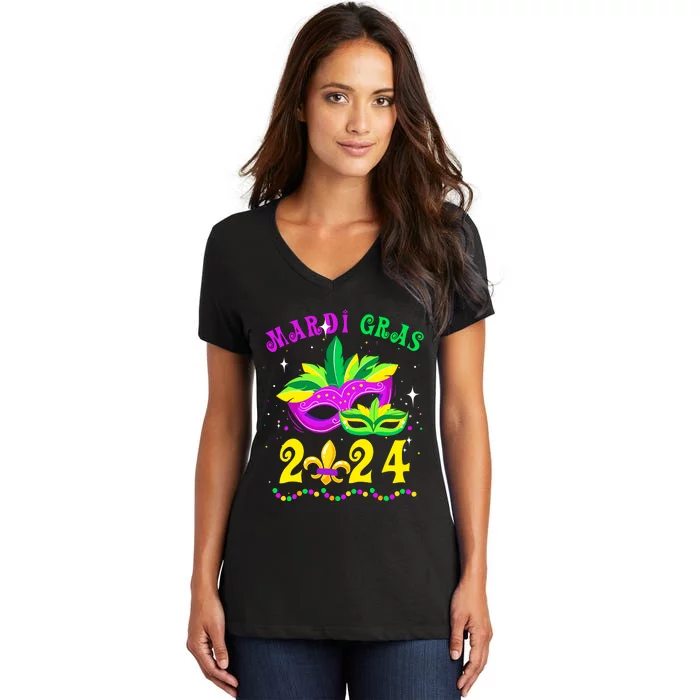 Mardi Gras Mardi Gras Beads Mask Joker Hat Carnival 2024 Women's V-Neck T-Shirt