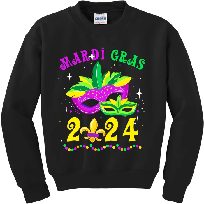 Mardi Gras Mardi Gras Beads Mask Joker Hat Carnival 2024 Kids Sweatshirt