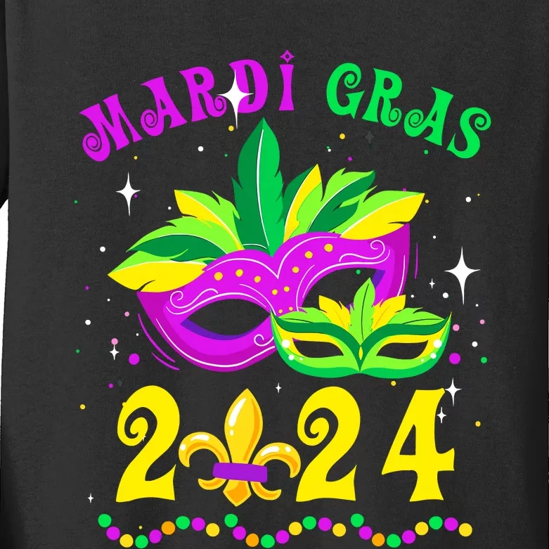 Mardi Gras Mardi Gras Beads Mask Joker Hat Carnival 2024 Kids Long Sleeve Shirt