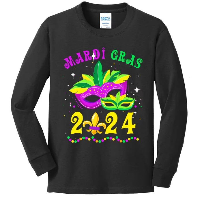 Mardi Gras Mardi Gras Beads Mask Joker Hat Carnival 2024 Kids Long Sleeve Shirt