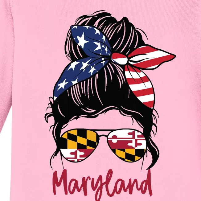 Maryland Girl Maryland Flag State Girlfriend Messy Bun Baby Long Sleeve Bodysuit